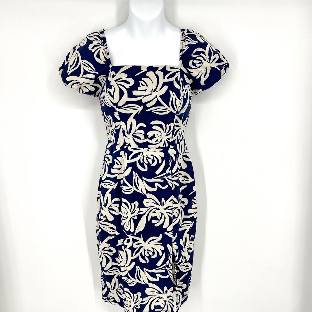 Monteau Los Angeles Navy White Midi Dress Tropical Print Smocked Back Size Small